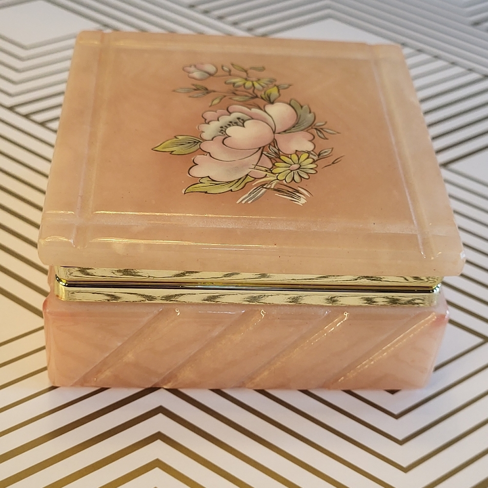 VTG Genuine Alabaster Stone Square Trinket Jewelry Box Hinged Peach Floral Brass - Picture 5 of 15
